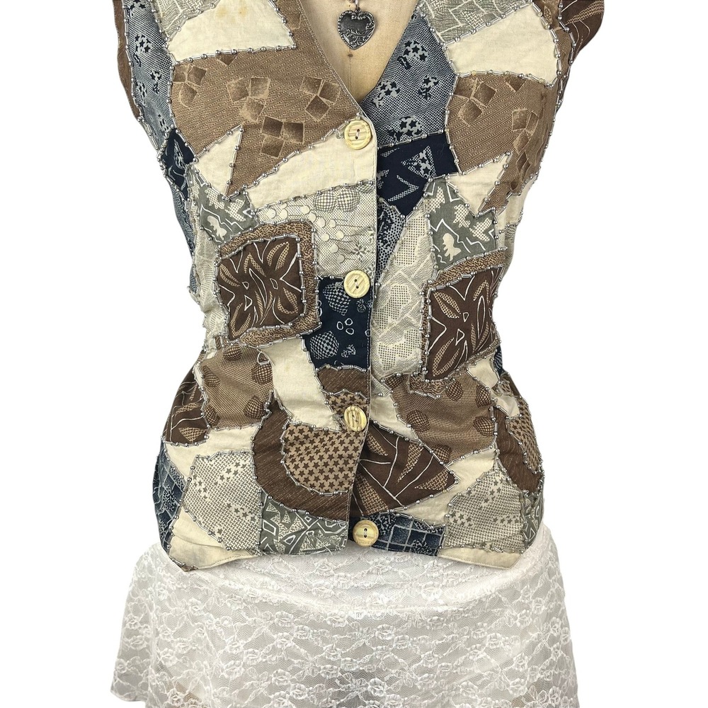 Vintage Effeci Patchwork Vest Beaded Button Front… - image 4